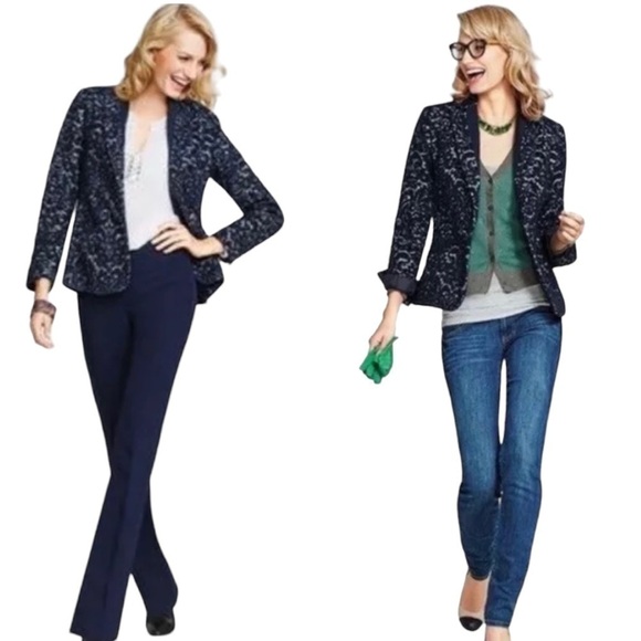 CAbi Blue Flocked Jacquard Single Button Blazer Jacket Women’s 12 - Picture 2 of 12